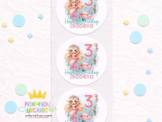 Sheet of personalised mermaid birthday party bag stickers with name and age