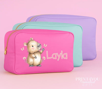 Personalised Capybara Makeup Bag – Custom Name Cosmetic Bag, Kids Pencil Case, Baby Nappy Organiser, Cute Capybara Gift - Purple