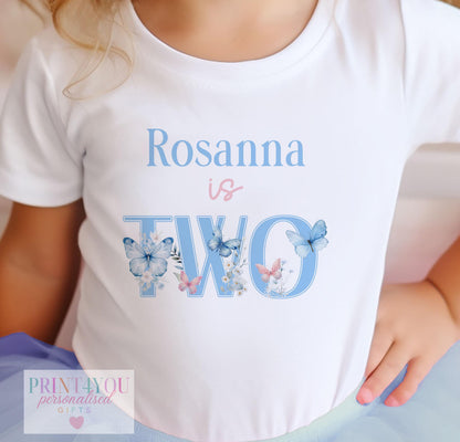 Personalised butterfly birthday t-shirt for second birthday girls