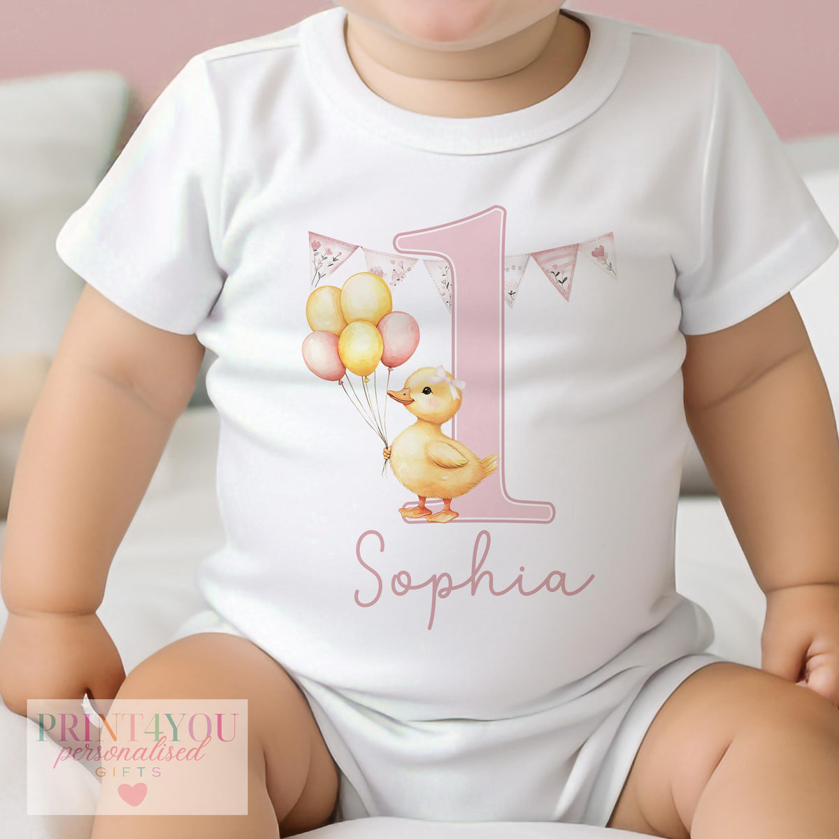 Personalised duck birthday pyjama bottoms in soft pink stripe cotton