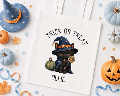 Personalised Halloween Trick or Treat Bag - Witch Cat Tote