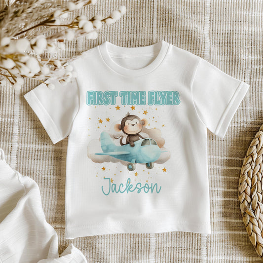 Personalised monkey and aeroplane bib, printed with baby's name for their first flight.