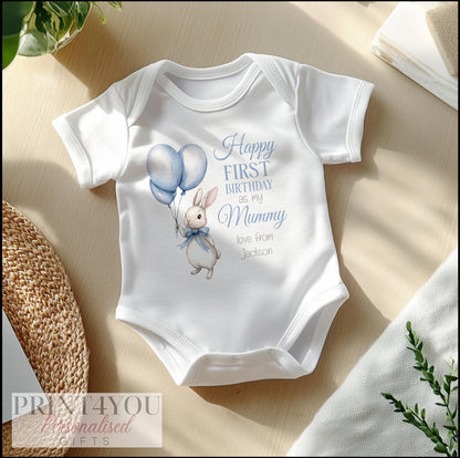 Personalised grey bunny 1st birthday sleepsuit, soft breathable cotton printed with a chosen name and relation.