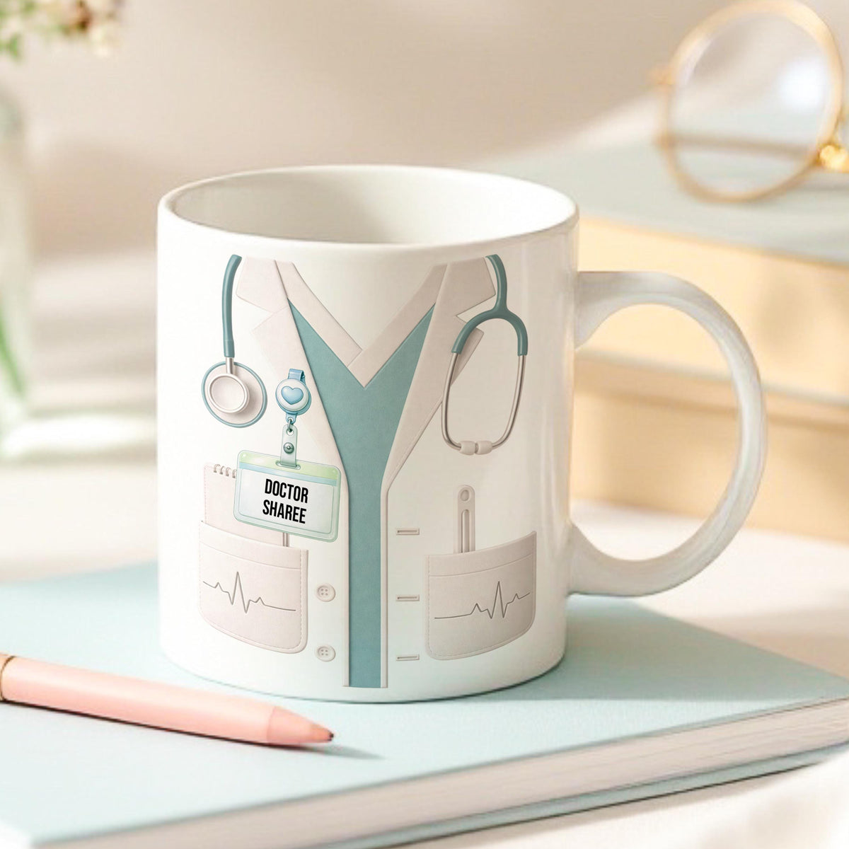 White ceramic mug printed with a personalised doctor and nurse themed design and name