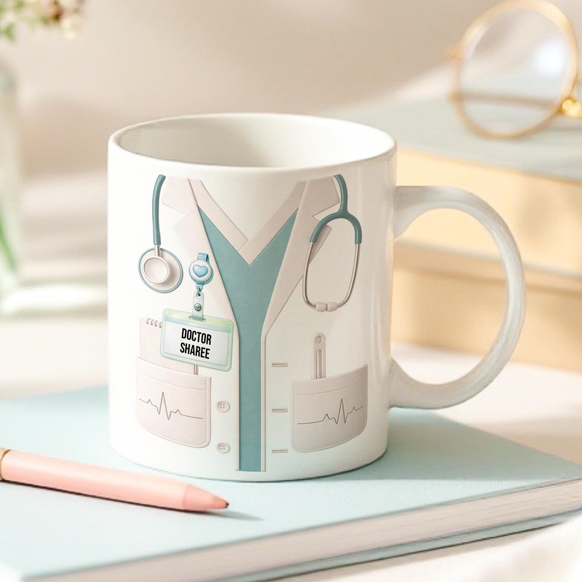 White ceramic mug printed with a personalised doctor and nurse themed design and name