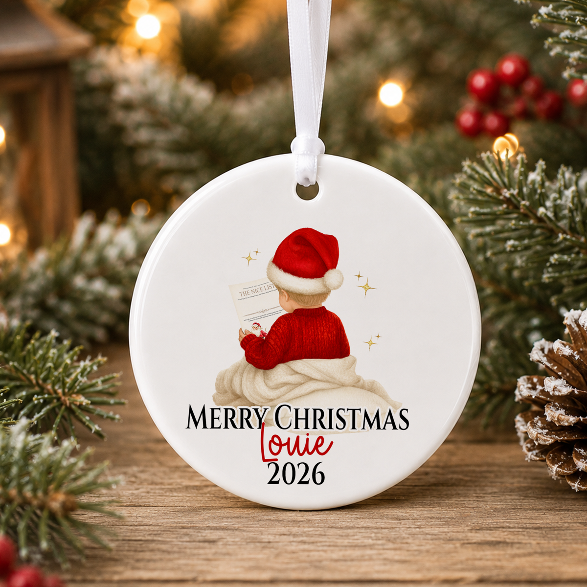 A white Christmas ornament with a picture of a child wearing a Santa hat and holding a letter, surrounded by pine branches and red berries.
