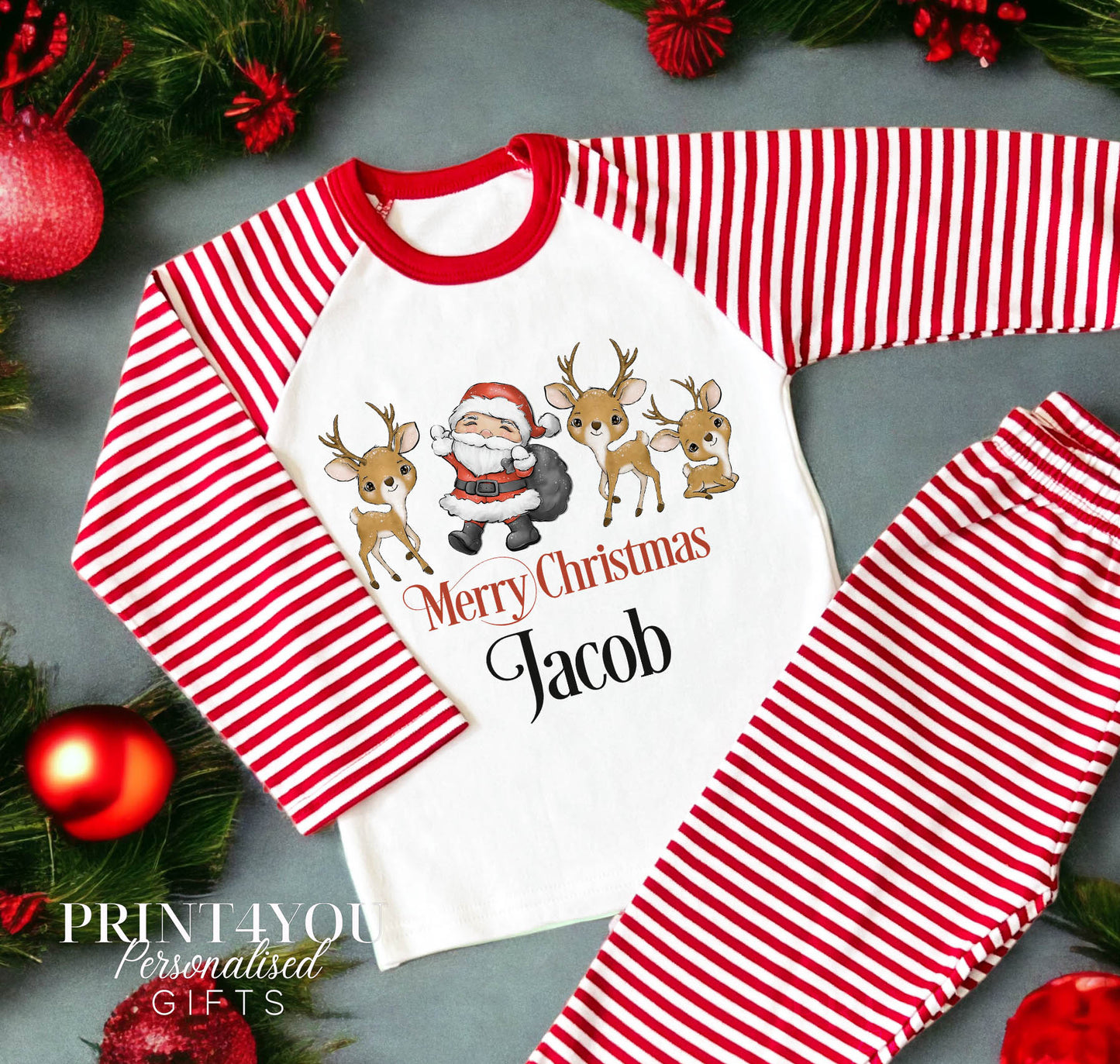 Children's Christmas Pyjamas – Red White Striped Soft Cotton Pajamas With Santa & Reindeer - 1-2 years