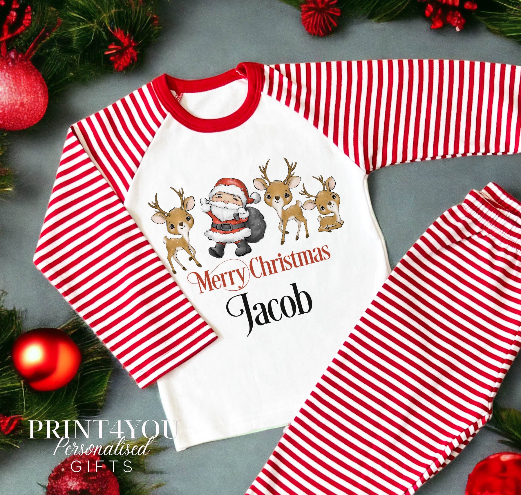Children's Christmas Pyjamas – Red White Striped Soft Cotton Pajamas With Santa & Reindeer - 1-2 years