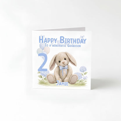 Personalised blue bunny 2nd birthday card shown with its matching envelope