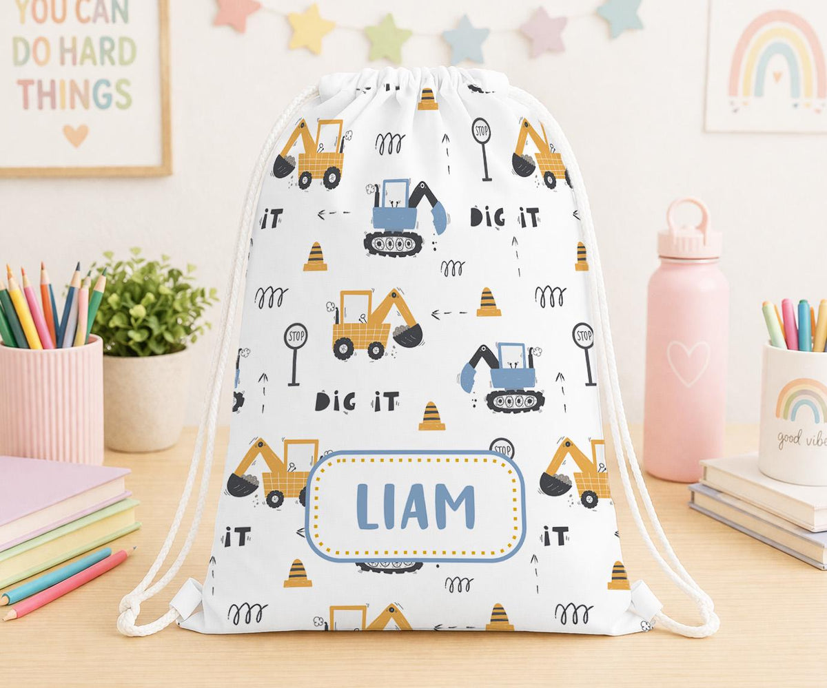 Personalised digger and construction vehicle drawstring PE bag printed with a custom name on the front