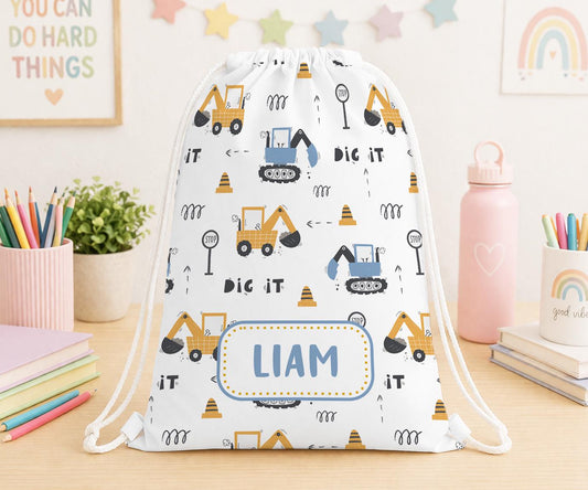 Personalised digger and construction vehicle drawstring PE bag printed with a custom name on the front