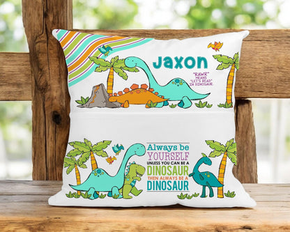 Personalised dinosaur book cushion cover with child's name, cushion cover only