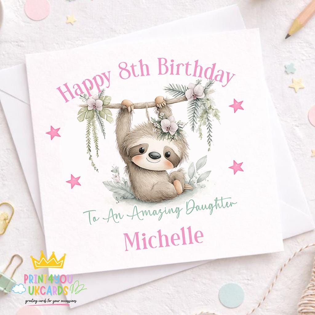 Personalised sloth birthday card with floral design, 6x6 inch