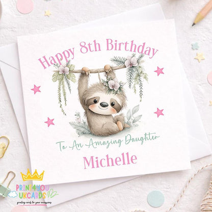 Personalised sloth birthday card with floral design, 6x6 inch