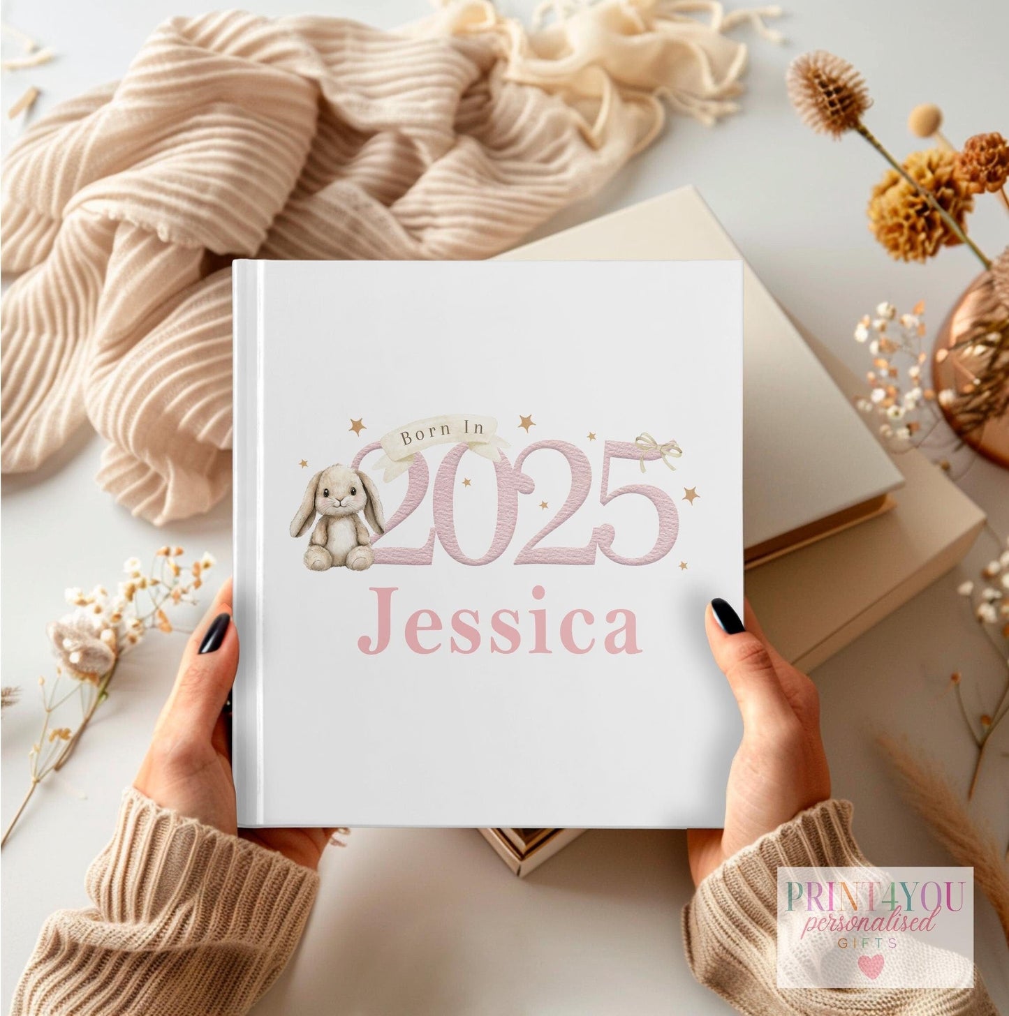 Personalised pink bunny baby photo album with premium PU cover, 22x22cm