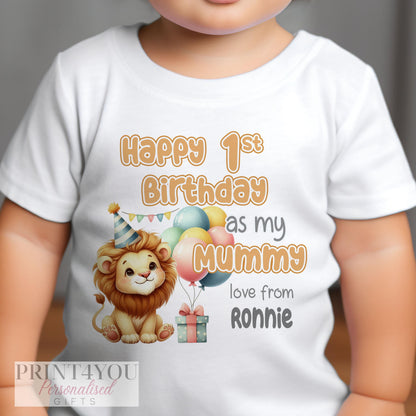 Personalised 1st birthday bib shown with the Daddy version of the lion and bunting design.