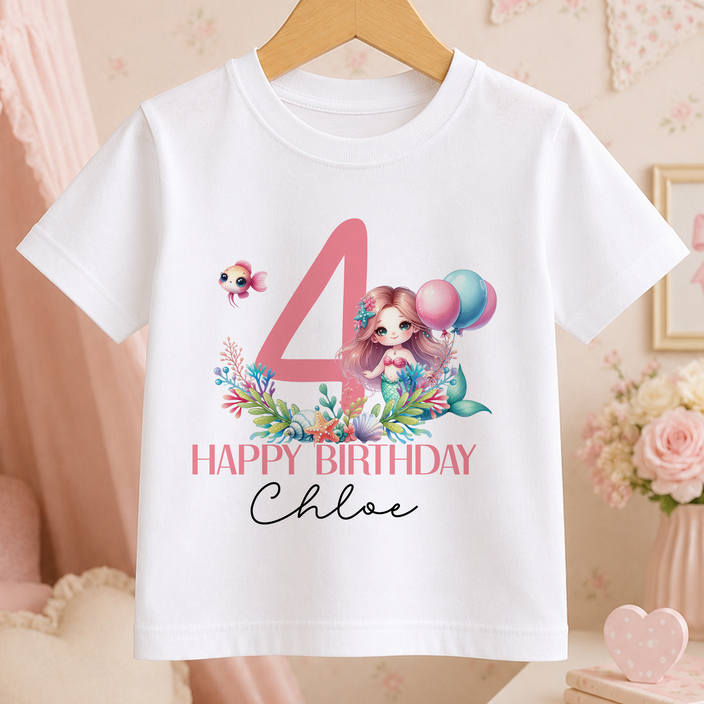 White children's t-shirt personalised with a mermaid design, balloons and a custom birthday name