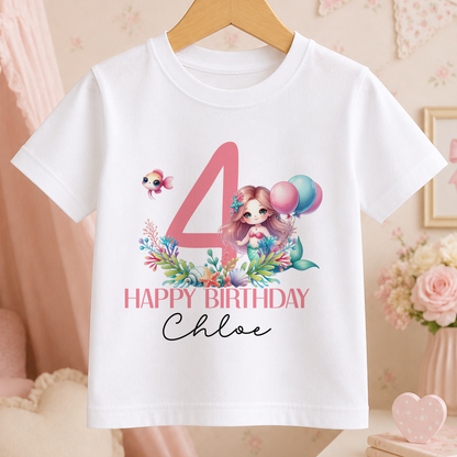 White children's t-shirt personalised with a mermaid design, balloons and a custom birthday name