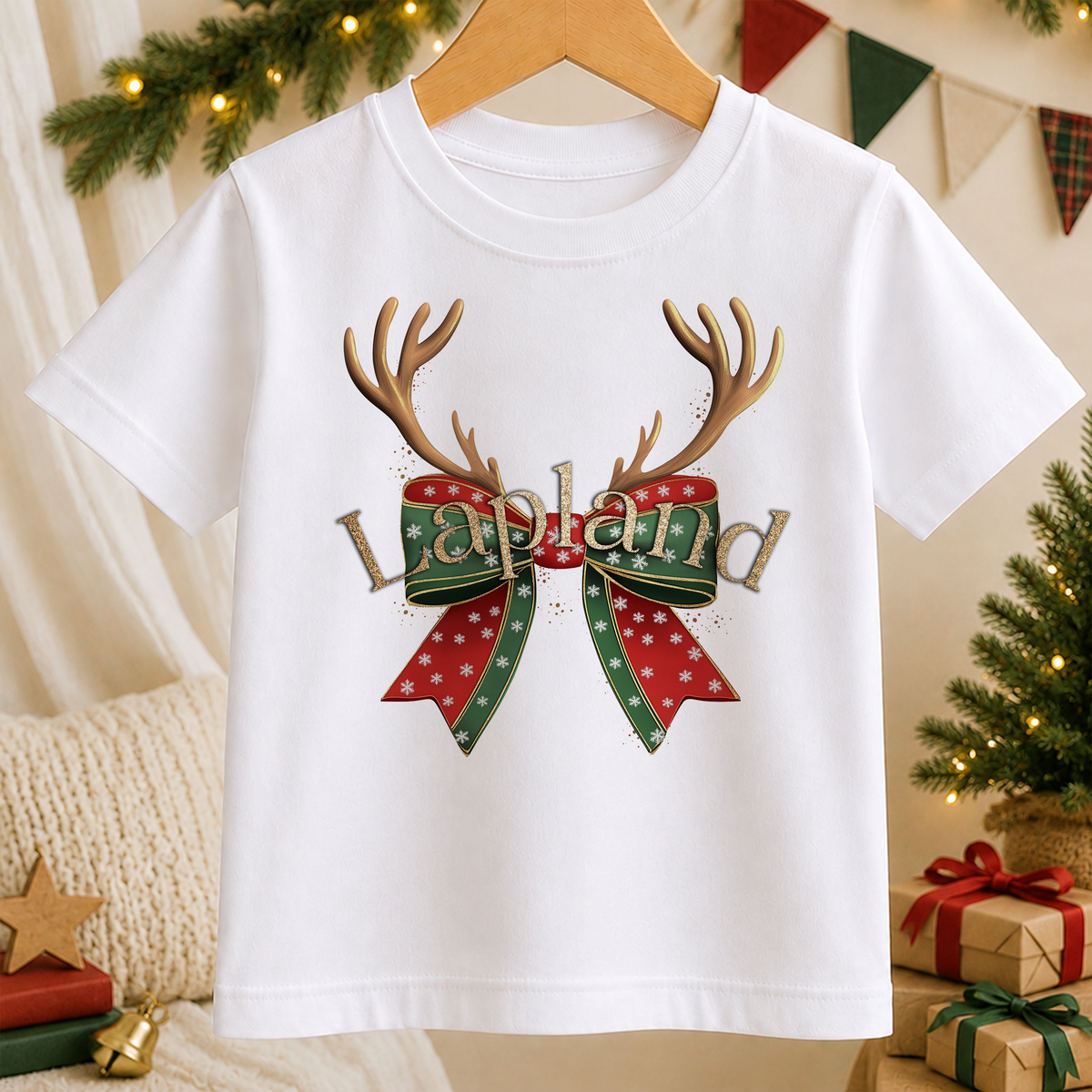 A white t-shirt with a graphic design featuring a bow made of antlers and the word "Lapland" written on it.