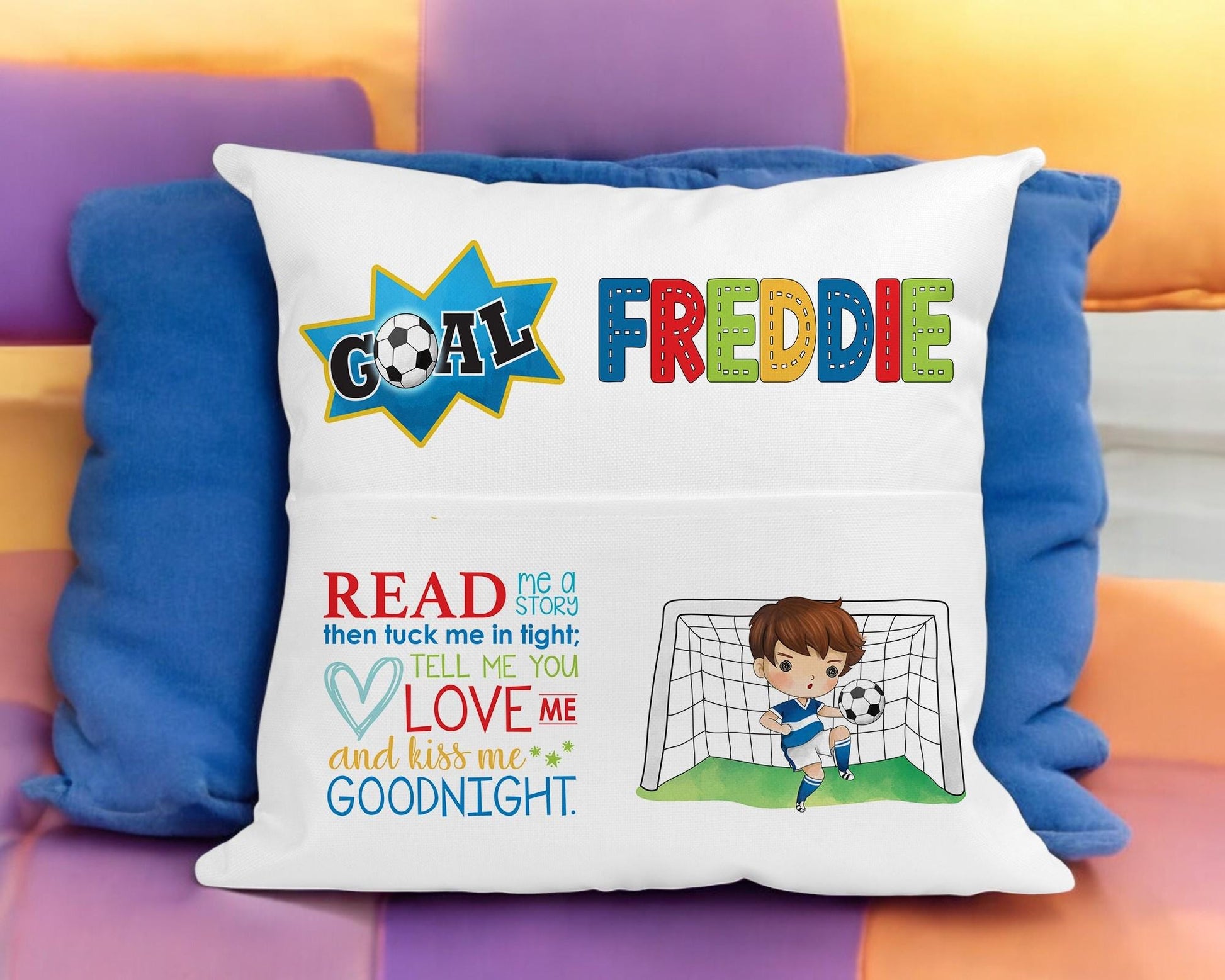 Personalised football cushion styled on a child's bed