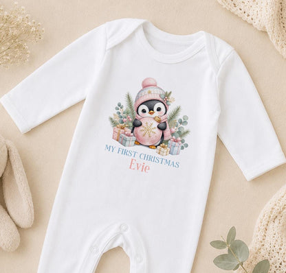 Personalised Baby Christmas Outfit, Pink Penguin First Xmas Set