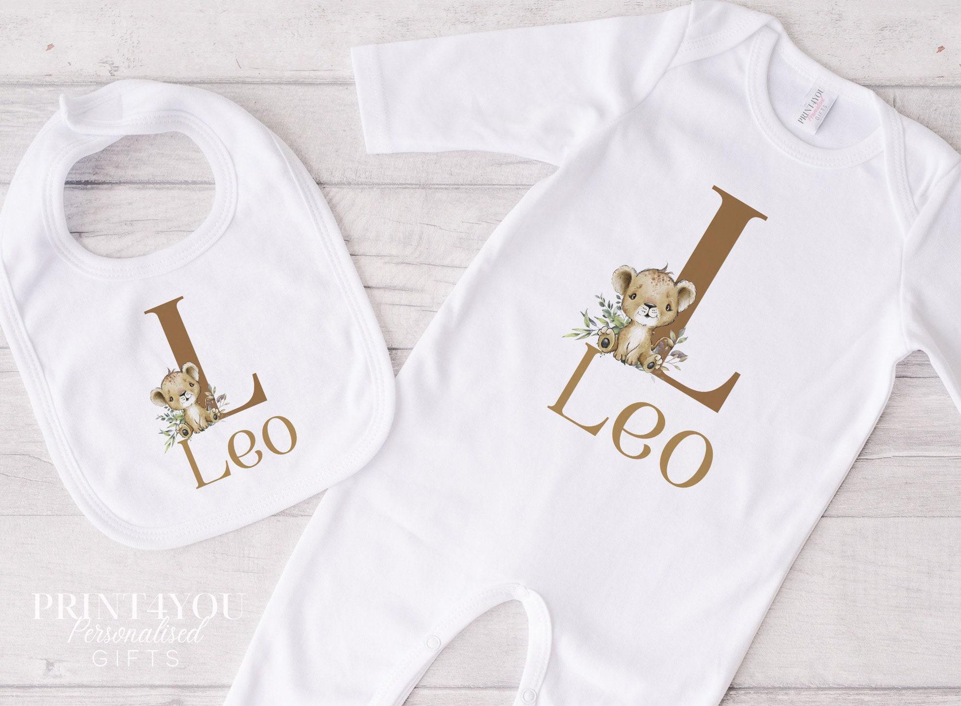 Personalised safari lion baby vest in white cotton with custom name print