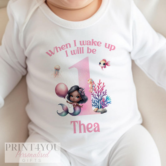 Personalised mermaid first birthday bib, printed with 'When I wake up I will be 1' and your baby's name.