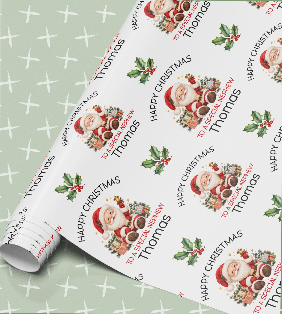 Personalised Christmas wrapping paper in sage green with a traditional Santa, bell and holly, Happy Christmas with a relation and name