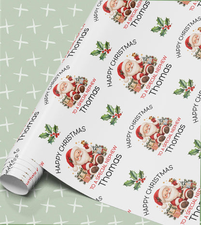 Personalised Christmas wrapping paper in sage green with a traditional Santa, bell and holly, Happy Christmas with a relation and name