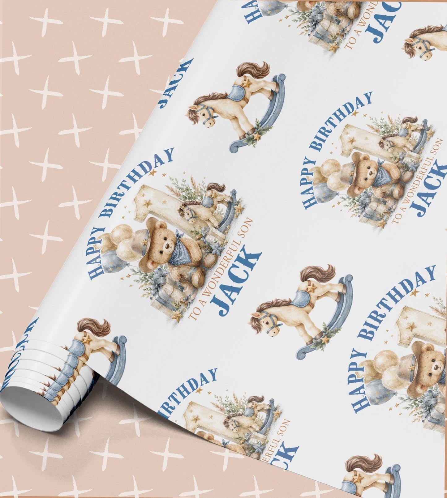 Personalised 1st Birthday Paper, Cowboy Teddy Bear Custom Wrap