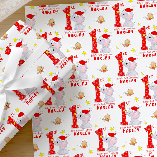 Printed baby christmas wrap shown as wrapping paper