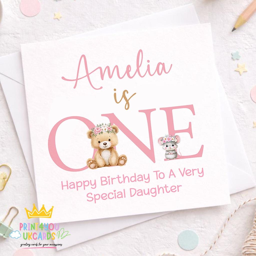 Square personalised 1st birthday card with pink floral crown, bear and mouse design shown on white card stock.