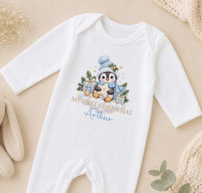 Personalised Baby Christmas Outfit 2026, Penguin Vest Sleepsuit, Bib