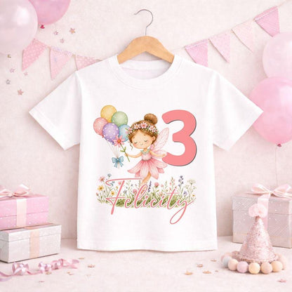 Personalised pink fairy birthday t-shirt with custom name and age