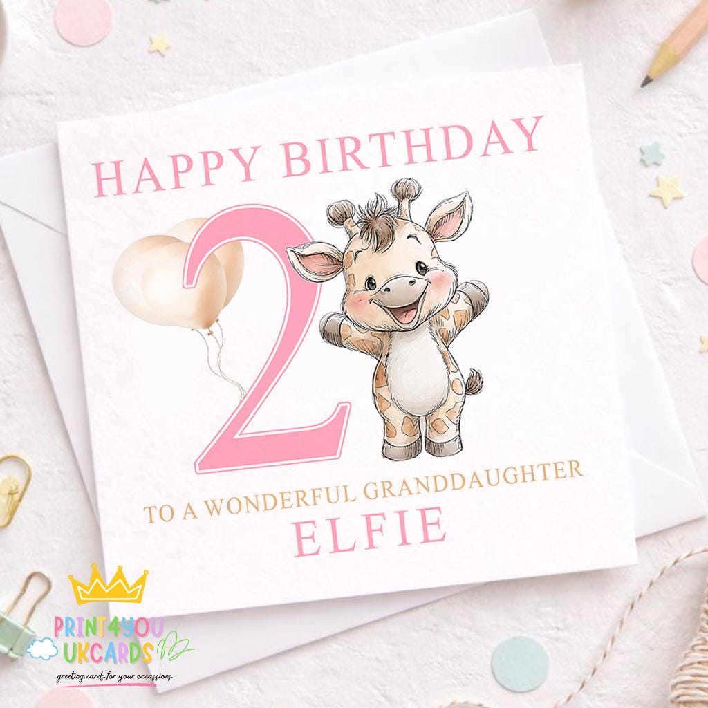 Personalised giraffe birthday card with custom name, age and relation printed on the front