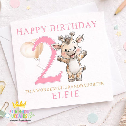 Personalised giraffe birthday card with custom name, age and relation printed on the front