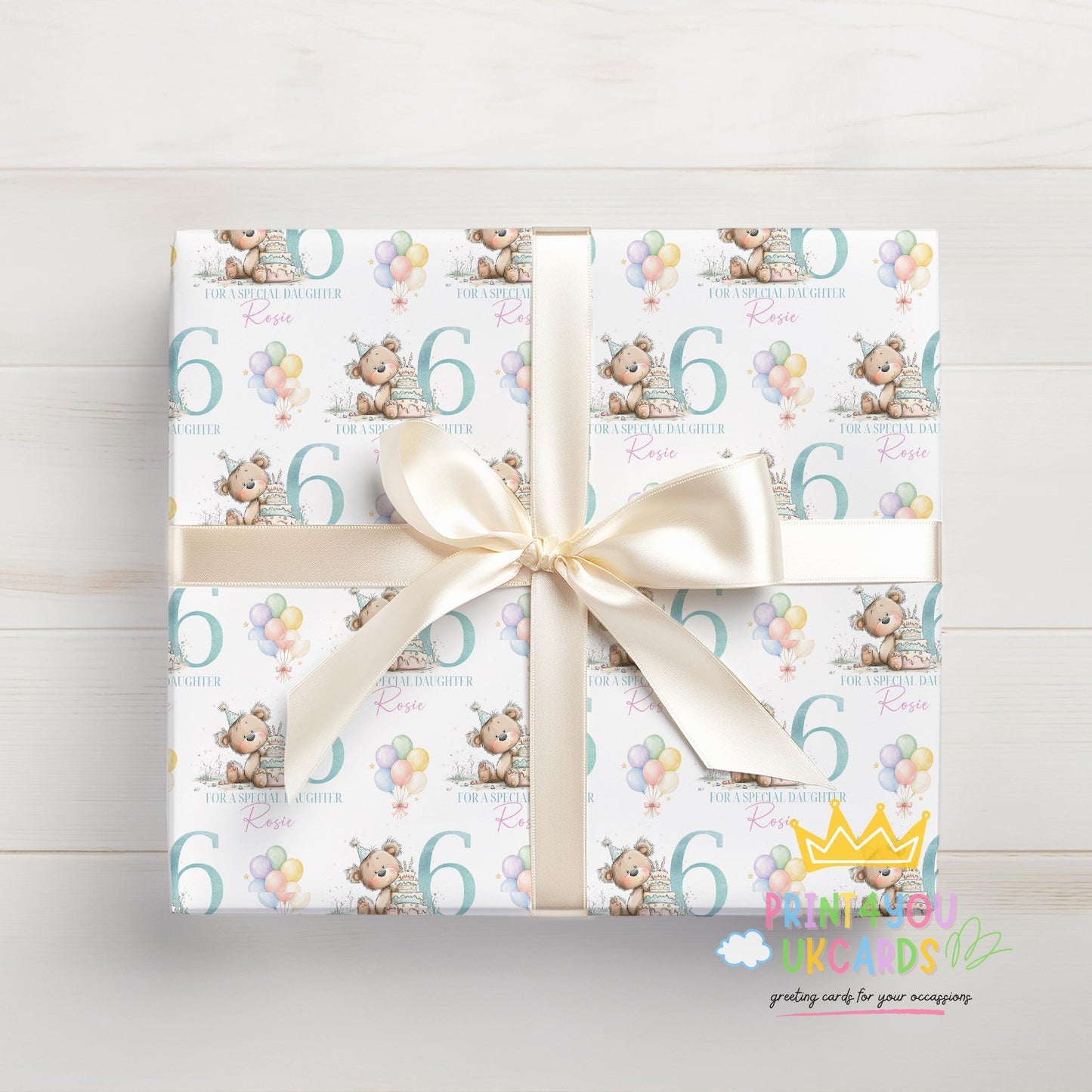 Personalised Birthday Wrapping Paper, Teddy Bear Pastel Balloon