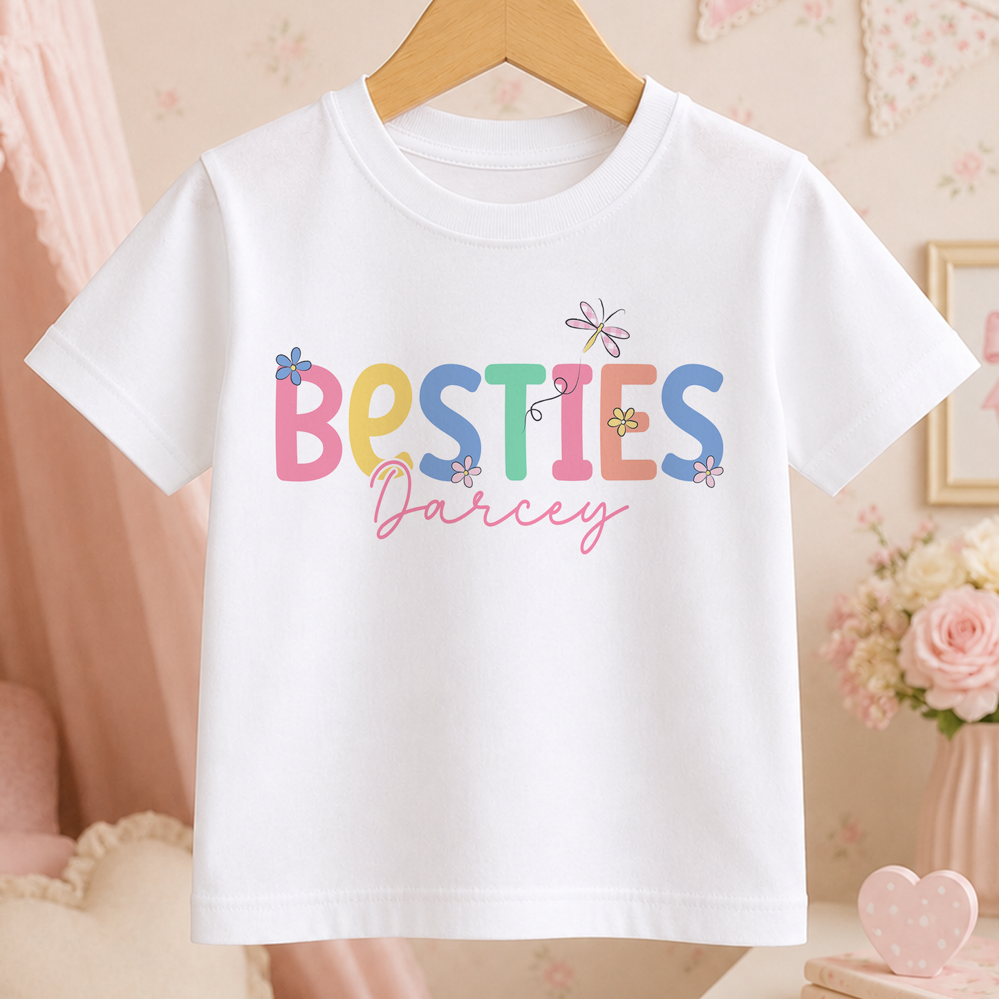 A white t-shirt with the text "BESTIES Darcey" printed on it, along with colorful flower designs.