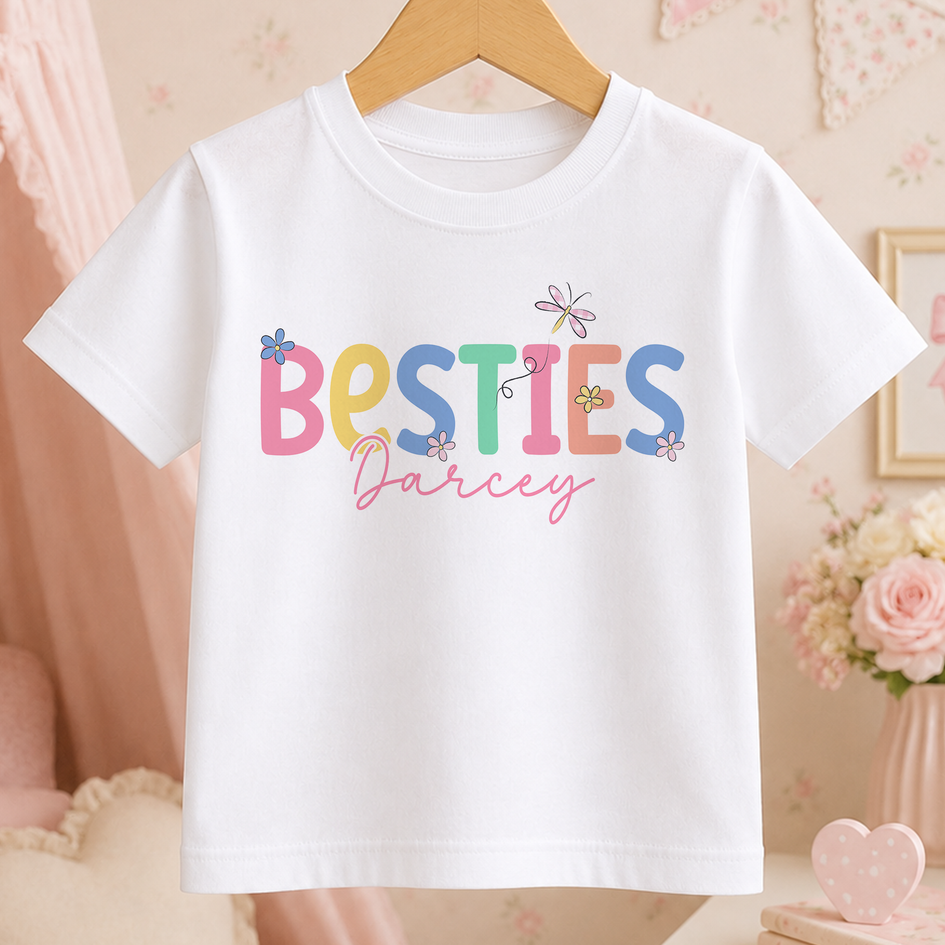 A white t-shirt with the text "BESTIES Darcey" printed on it, along with colorful flower designs.