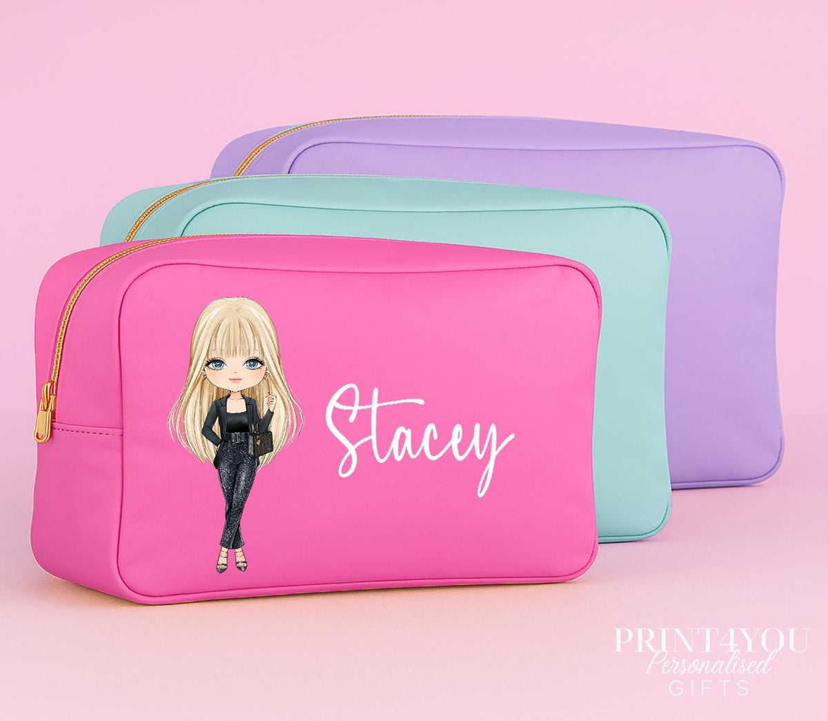 Personalised character makeup bag in pink with gold zip, front view with custom name