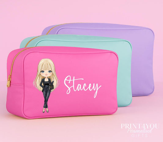 Personalised character makeup bag in pink with gold zip, front view with custom name