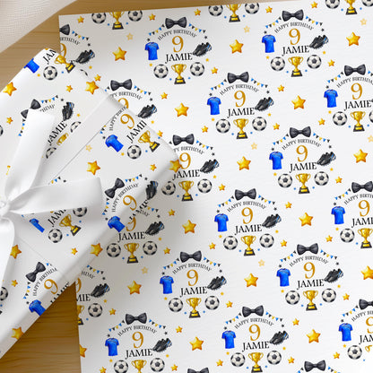 Personalised football wrapping paper printed with a custom name and age, shown as a full sheet