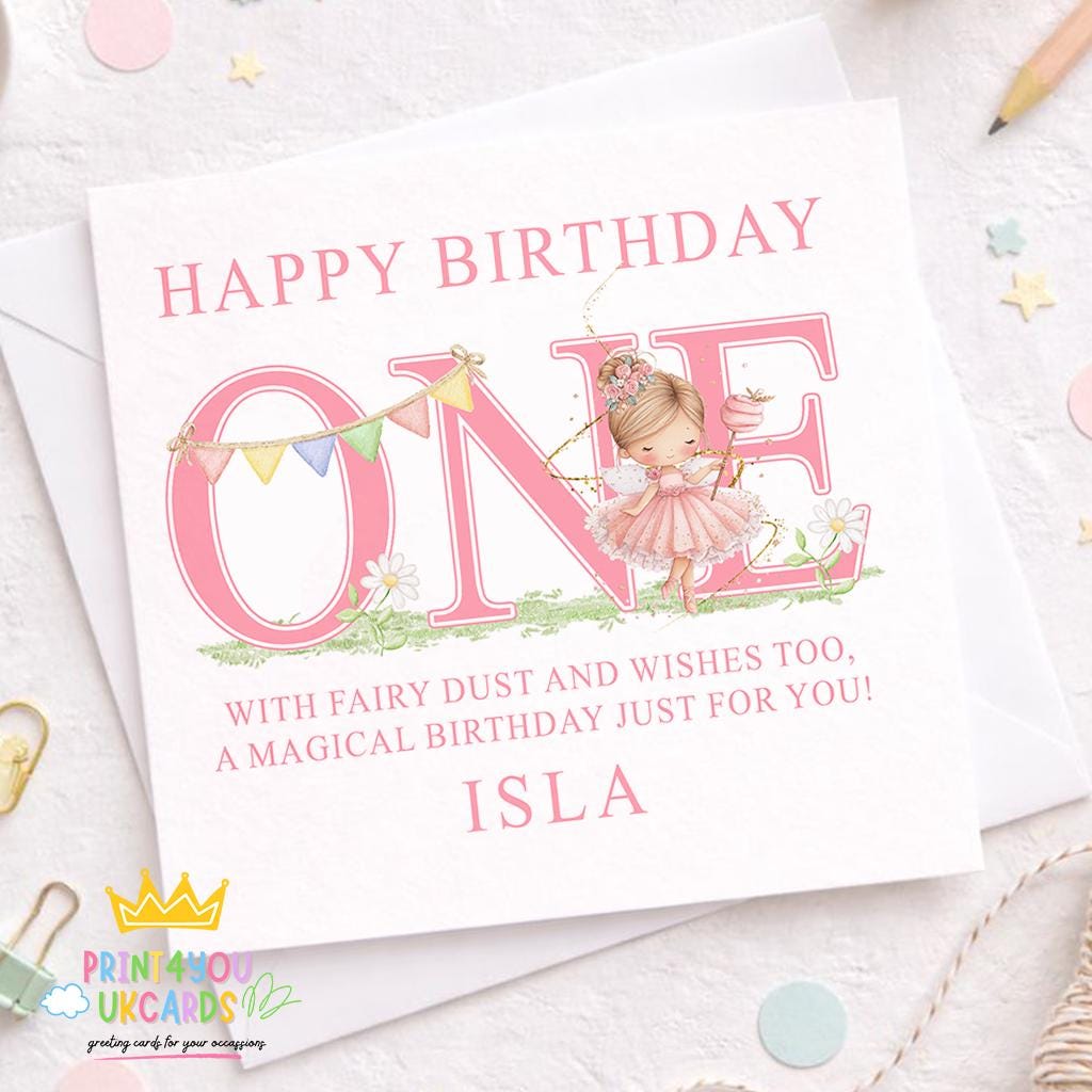 Front view of the personalised pink fairy first birthday card printed on 350gsm card stock.