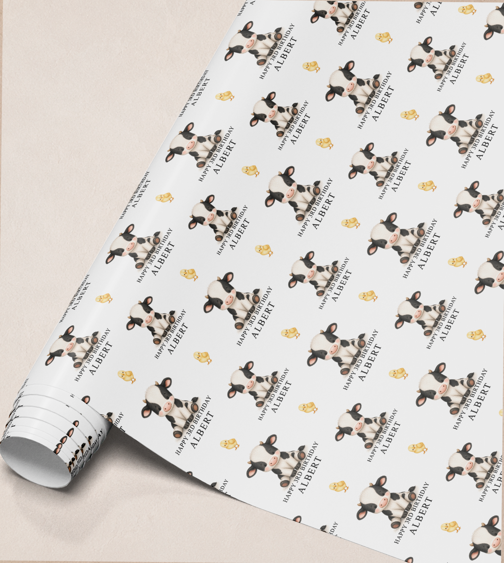 Full repeat pattern of the personalised cow wrapping paper design