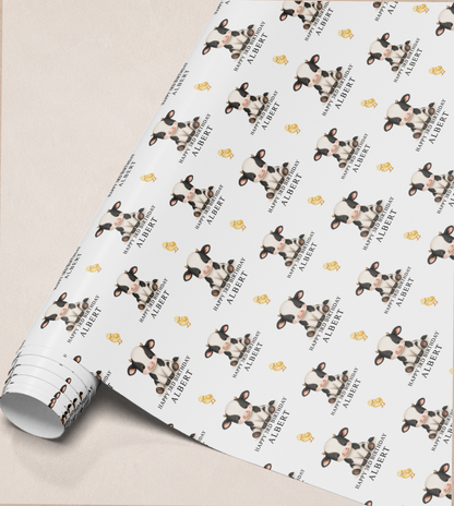 Full repeat pattern of the personalised cow wrapping paper design