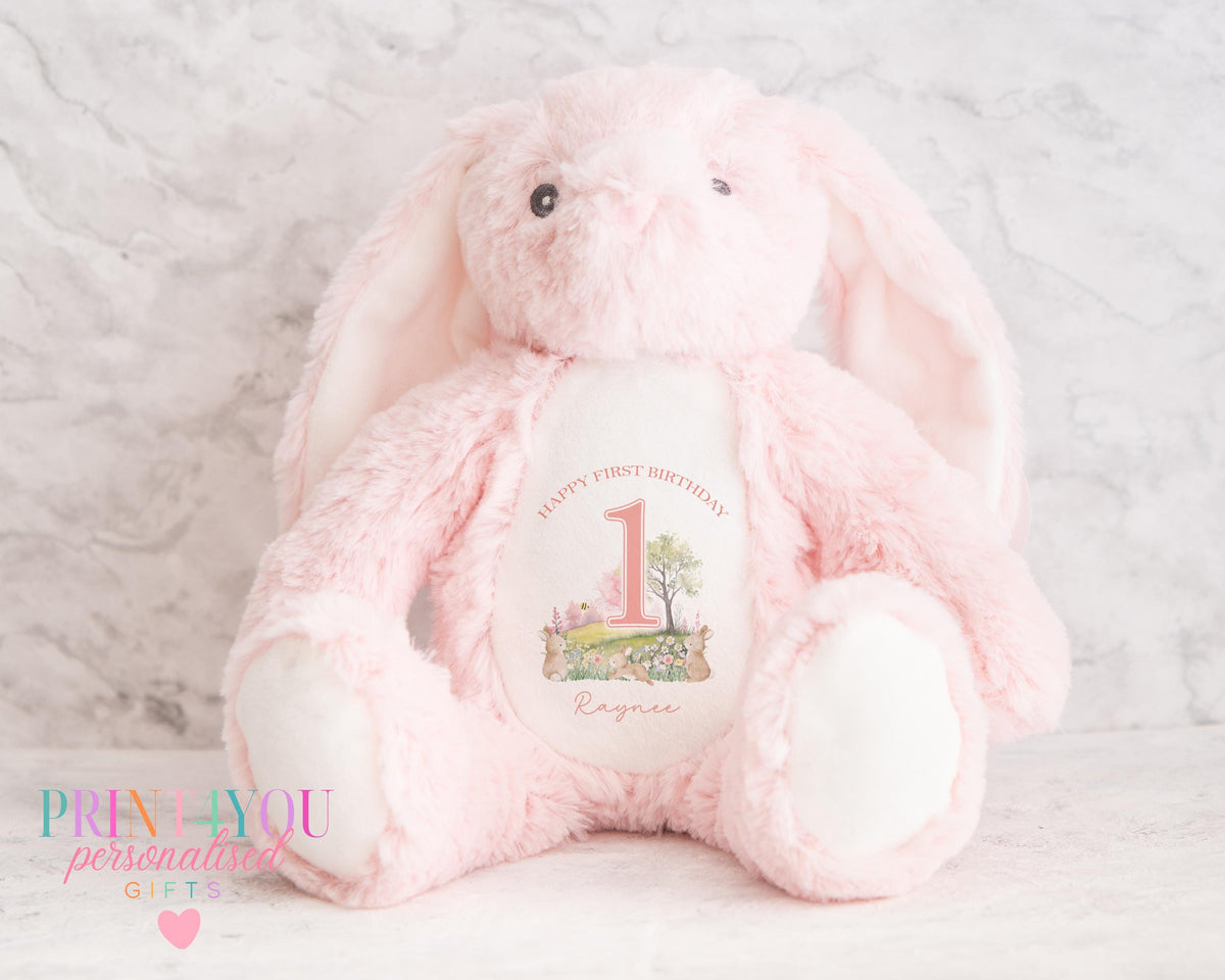 Personalised first birthday plush toy rabbit in grey, approximately 25cm tall, with custom printed tummy design