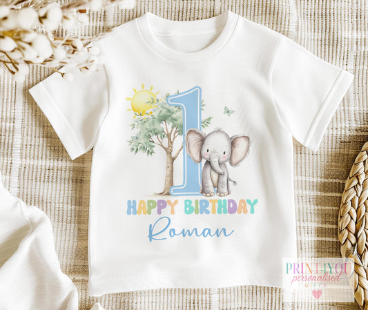Personalised blue elephant 1st birthday vest, printed with your baby boy's name for a first birthday gift.