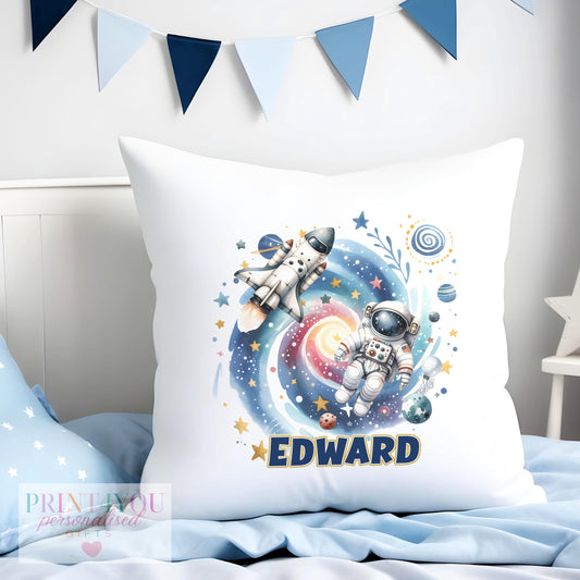 Personalised off-white space cushion cover for boys, 40x40cm with custom text