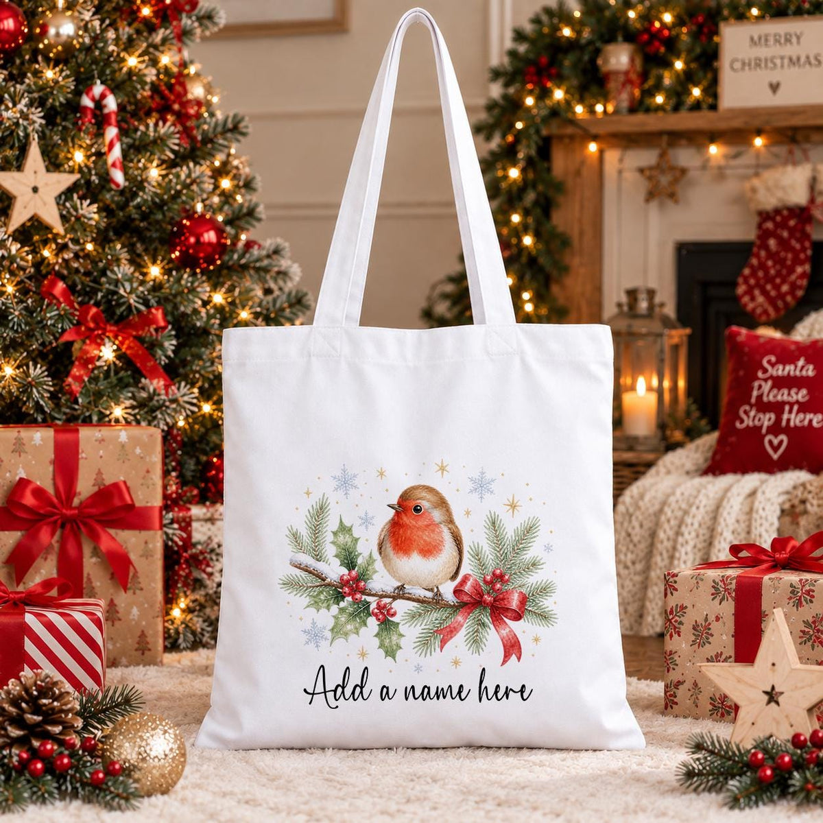 White cotton tote bag printed with a watercolour robin on a snowy branch with holly, pine, snowflakes and a red bow, above a name in script.
