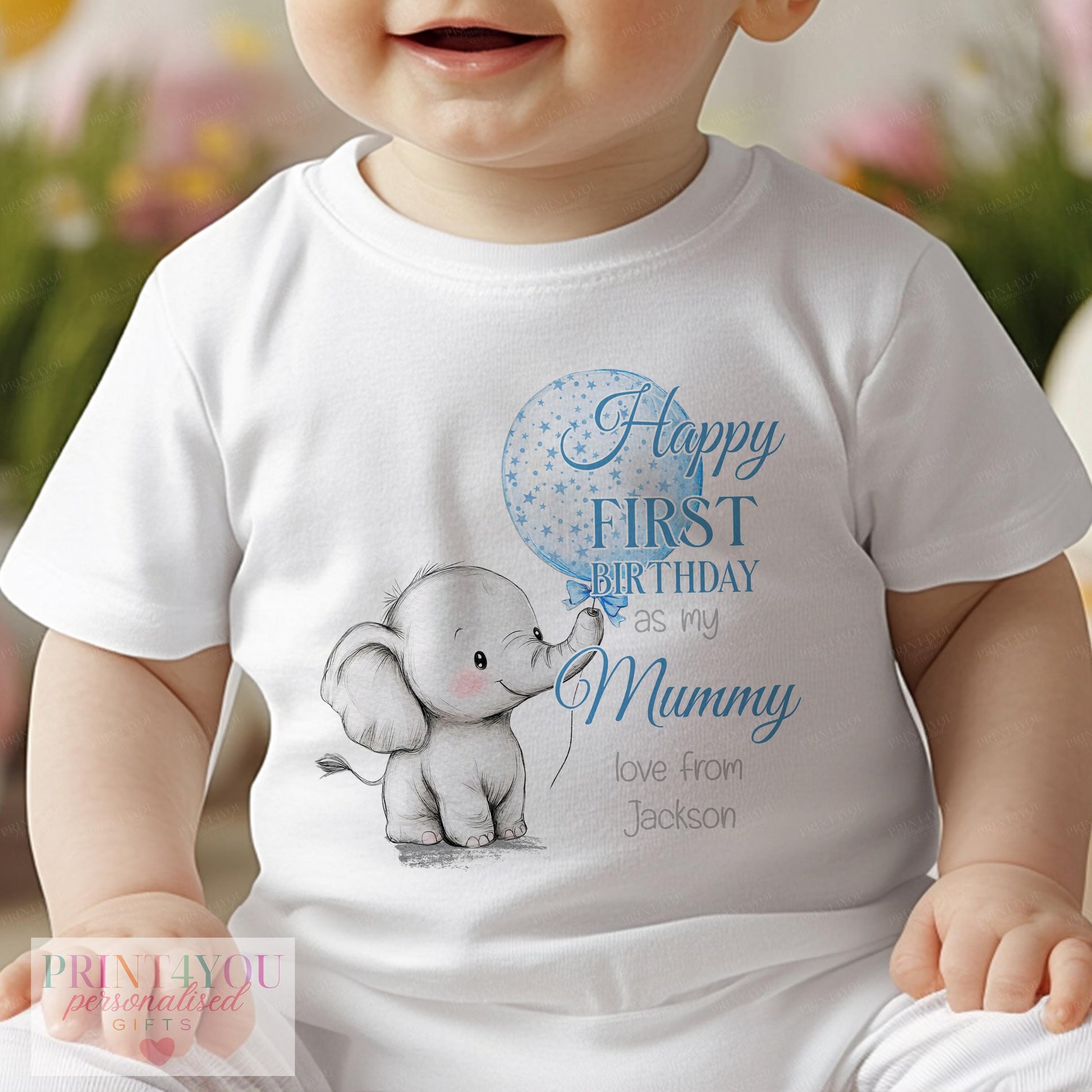 Personalised sleepsuit printed with starry elephant first birthday design